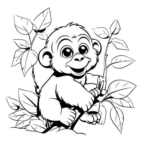 Monkey and leaves - black and white vector illustration for colo