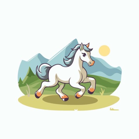 White horse running in the meadow. Vector illustration in cartoo