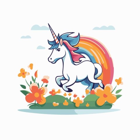 Unicorn with rainbow and flowers vector illustration. Cute fanta