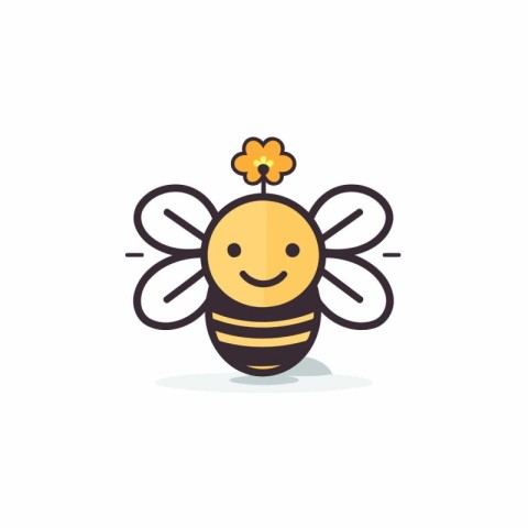 Cute bee with flower in its beak. Vector illustration.