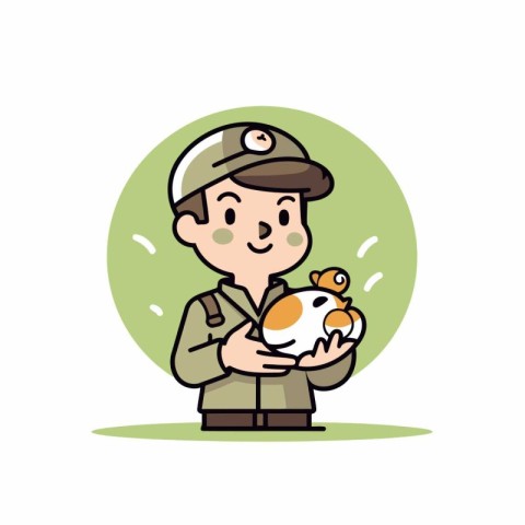 Cute boy in military uniform holding a hamster. Vector illustrat