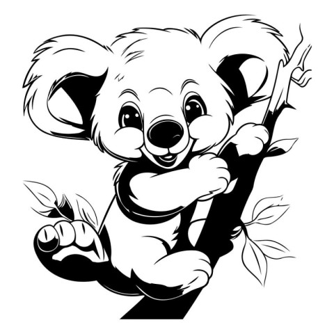 Cute koala holding a branch of a tree. black and white vector il