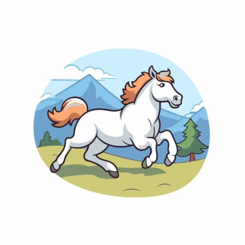 Horse in the mountains. Cartoon vector illustration on white bac