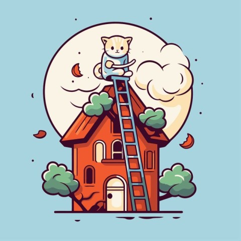 Cat sitting on the roof of a house. Vector illustration in carto