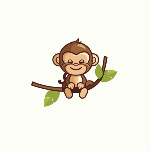 Cute monkey sitting on a branch. Vector illustration in flat sty