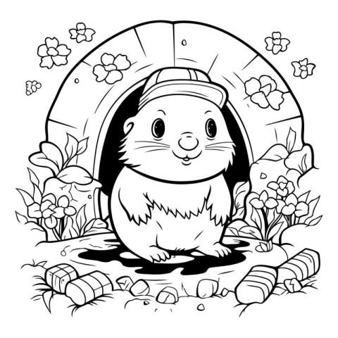 Cute hamster in a tunnel of flowers. Black and white illustratio