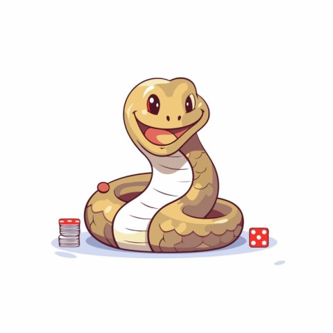 Cute cartoon snake with dice on white background. Vector illustr