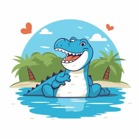 Cute cartoon crocodile on the beach. Vector illustration for chi