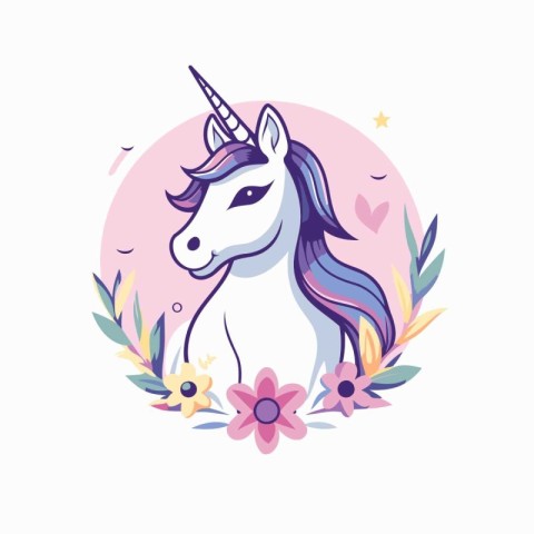 Unicorn with flowers and leaves. Vector illustration in cartoon