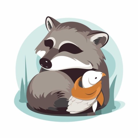 Cute raccoon with a fish in his mouth. Vector illustration.