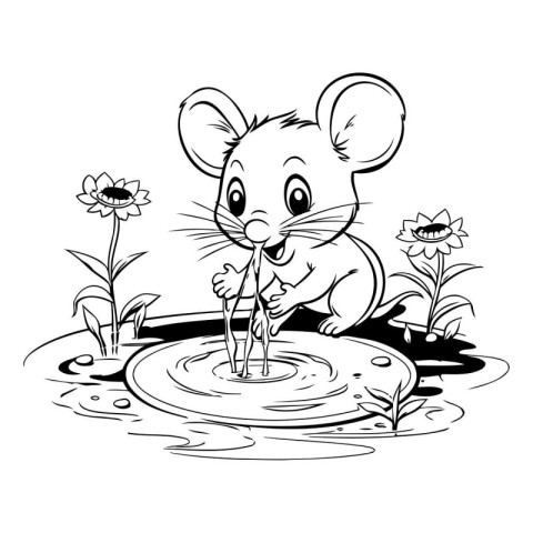 mouse with water and flowers. black and white vector illustratio