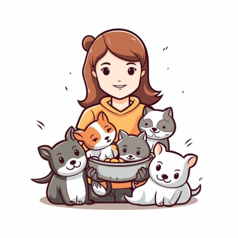 Vector illustration of a girl holding a bowl full of cats and do