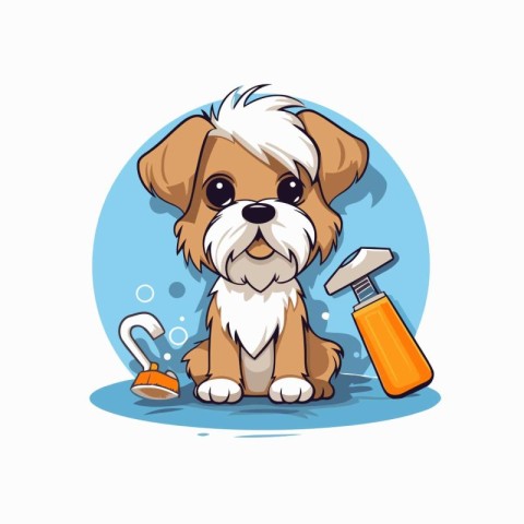 Cute cartoon dog with shampoo and shower gel. Vector illustratio