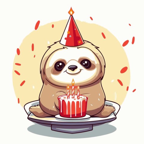 Cute cartoon sloth with a birthday cake. Vector illustration.