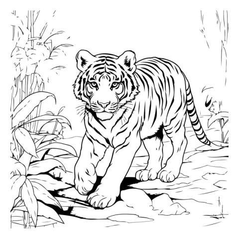 Tiger in the jungle. Black and white vector illustration for col