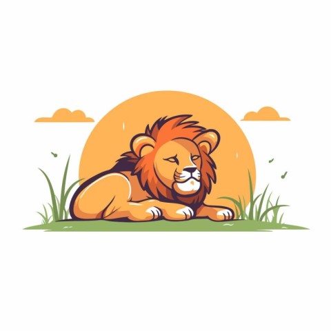 Lion lying on the grass. Vector illustration in cartoon style.