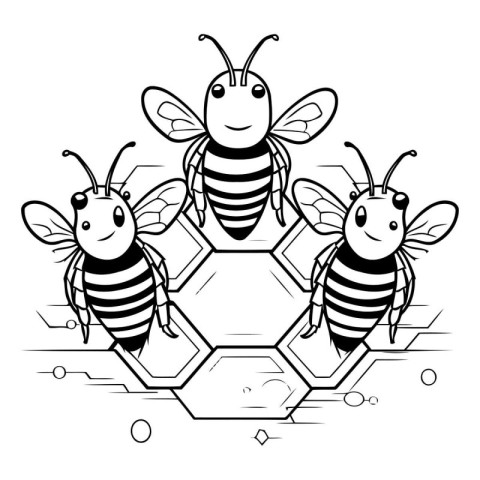 Black and White Cartoon Illustration of Honey Bee or Apis mellif