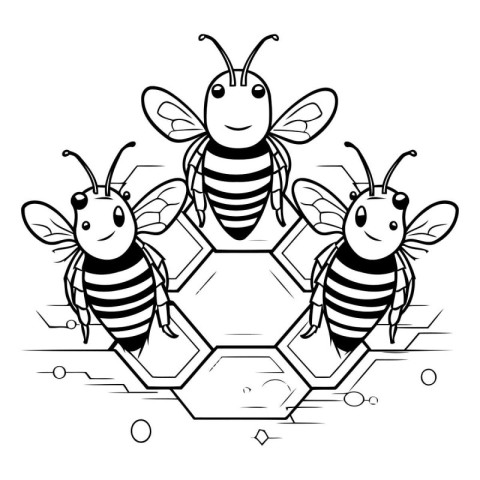 Black and White Cartoon Illustration of Honey Bee or Apis mellif