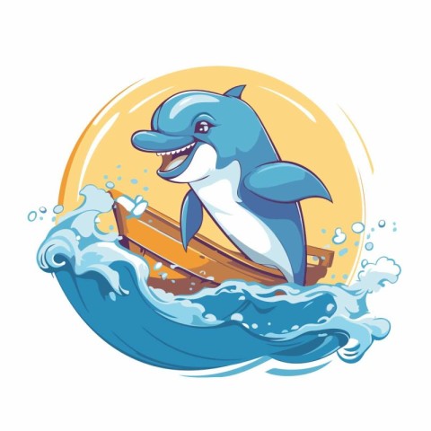 Cartoon dolphin on a boat in the sea. Vector illustration.