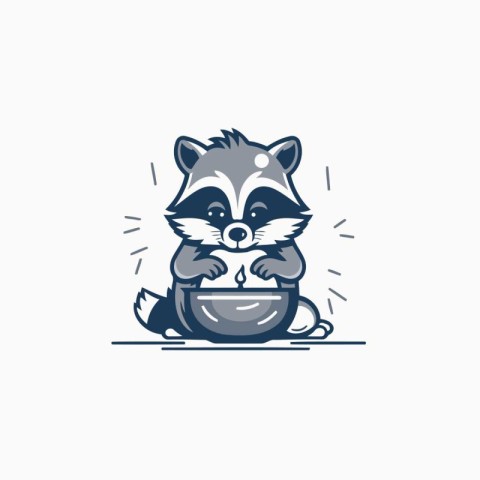 Cute raccoon with a bowl of soup. Vector illustration.