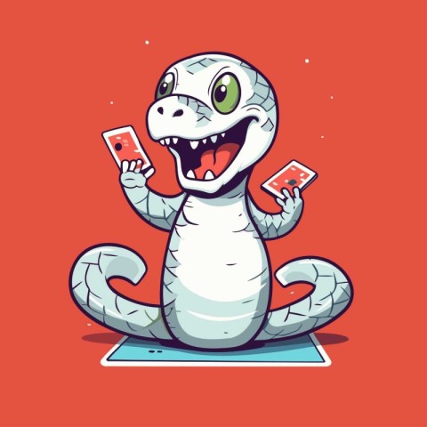 Cute snake holding mobile phone and playing games. Vector illust