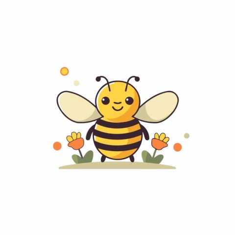 Cute cartoon bee with flowers. Vector illustration isolated on w