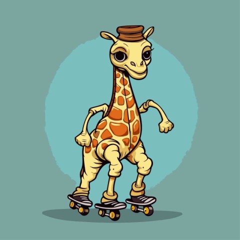 Cartoon giraffe rides on roller skates. Vector illustration.