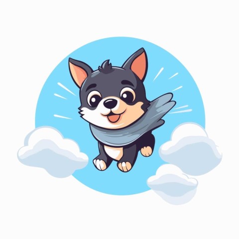 Cute cartoon chihuahua dog flying on clouds. Vector illustration