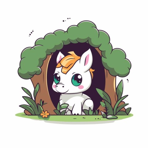 Cute cartoon zebra sitting in a hole in the tree. Vector illustr