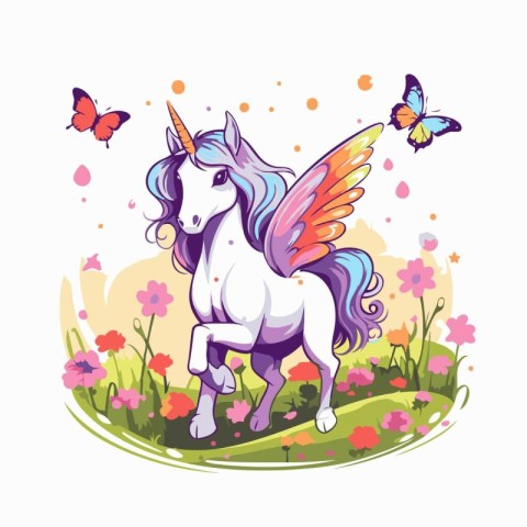 Unicorn with wings. flowers and butterflies. Vector illustration