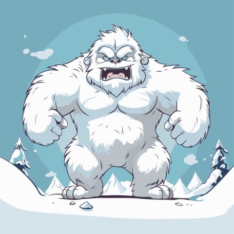 illustration of a cartoon gorilla on the snow in the mountains.