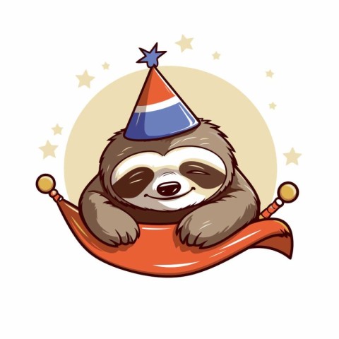 Cute cartoon sloth in a party hat. Vector illustration.