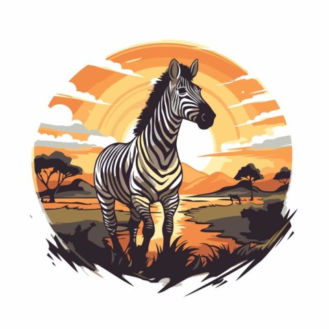 Zebra on the savannah at sunset. Vector illustration in retro st