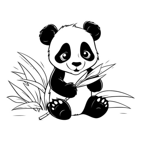 Cute cartoon panda bear sitting on grass. Vector illustration.