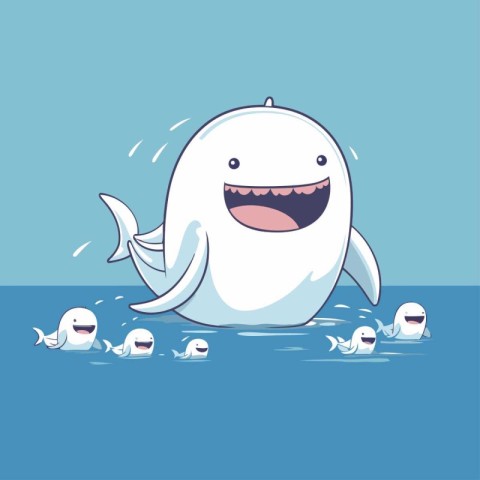 Cute white whale in the sea. Vector cartoon character illustrati