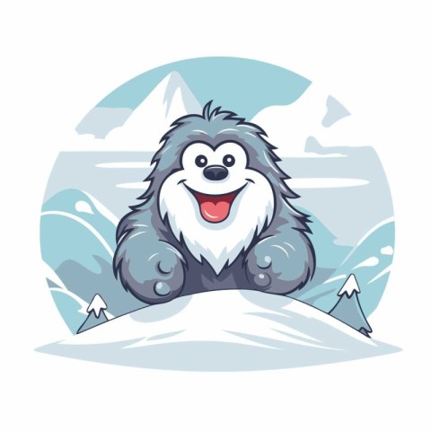 Cartoon funny dog sitting on the snow in the mountains. Vector i