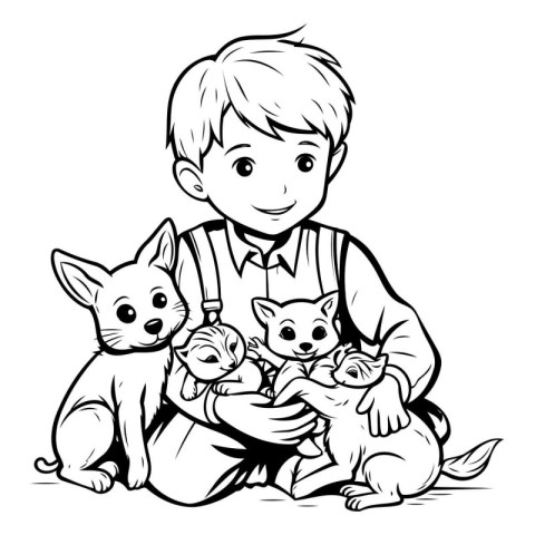 Black and White Cartoon Illustration of Little Boy with Pet Anim