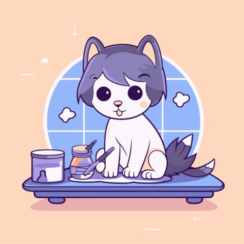 Cute cartoon husky dog painting on the wall. Vector illustration