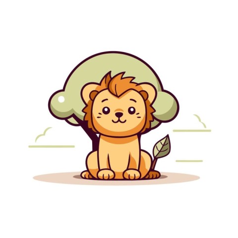 Cute lion sitting on the grass. Vector illustration in cartoon s