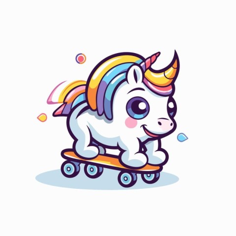 Cute cartoon unicorn rides on a skateboard. Vector illustration.