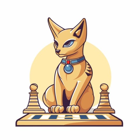 Cat sitting on checkered carpet with chess pieces. Vector illust