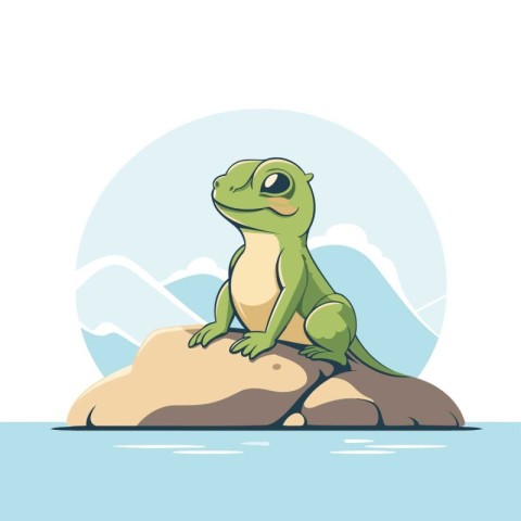 Cute cartoon chameleon sitting on a rock. Vector illustration.