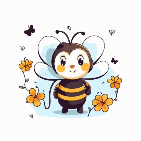 Cute cartoon bee with flowers on white background. Vector illust