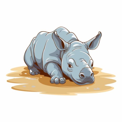 Vector illustration of a cartoon rhinoceros sleeping on the grou