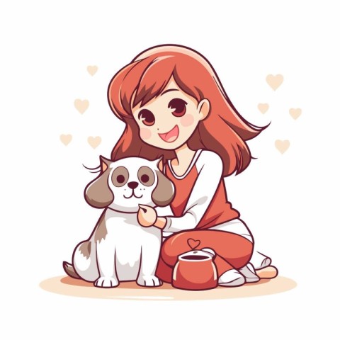 Cute little girl with her pet dog. Vector illustration in cartoo