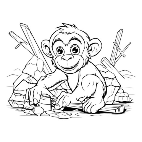 Monkey - Black and White Cartoon Illustration for Coloring Book