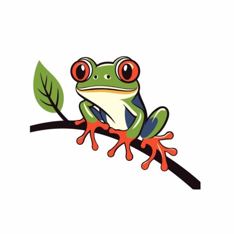 Frog on a tree branch. Vector illustration in cartoon style.