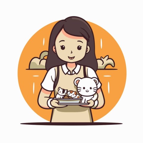 Girl holding a cat and a dog in her hands. Vector illustration.