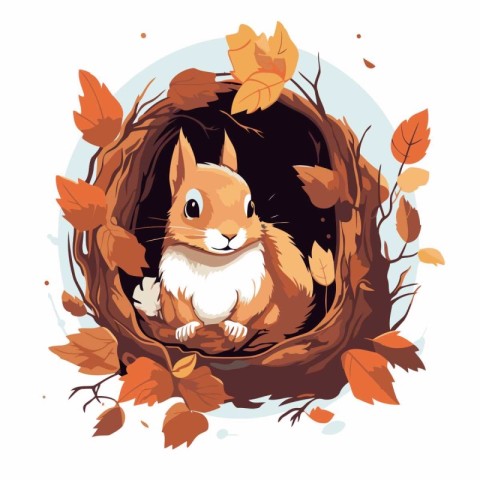 Vector illustration of a cute rabbit in a nest with autumn leave