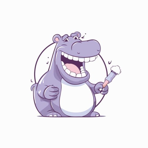 Cute cartoon hippopotamus holding a toothbrush. Vector illustrat